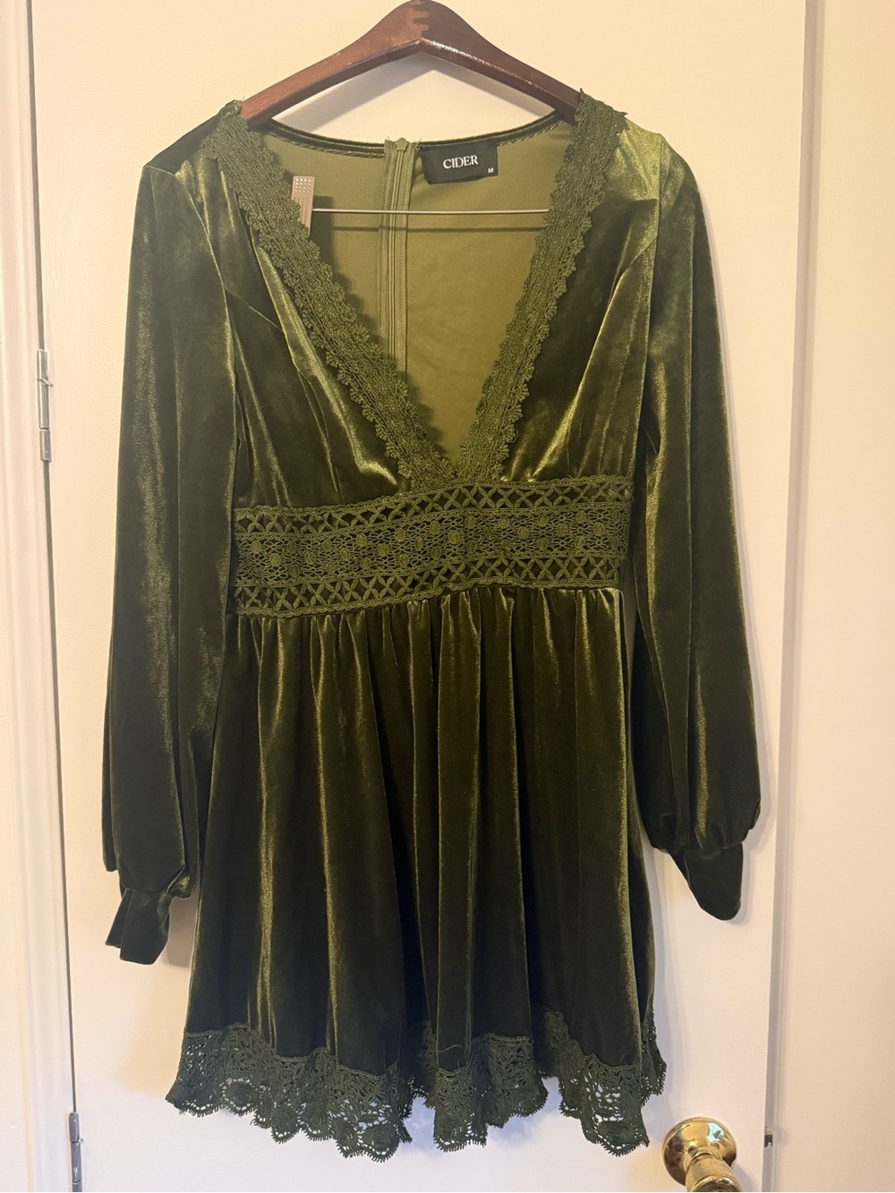 Cider Olive Velvet Lace-Trim Mini Dress